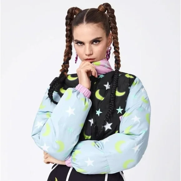 Star Moon Color-block Cropped Puffer Jacket Coat - Picture 7 of 11